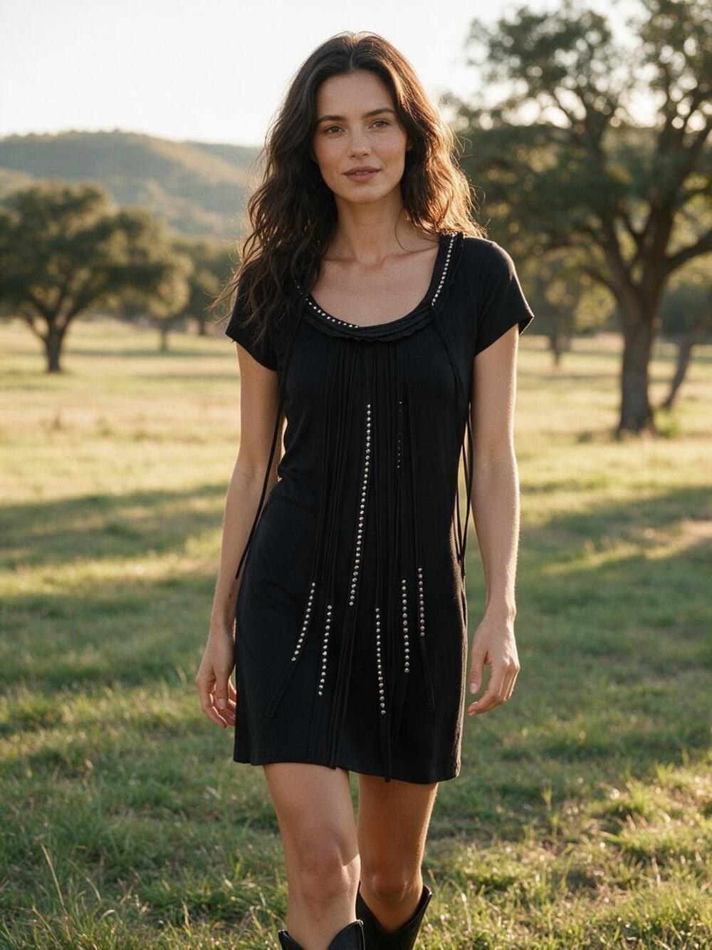Cristina Black Knit Mini Dress Studded Rhinestone Sheer Sleeve Size Small 15x30